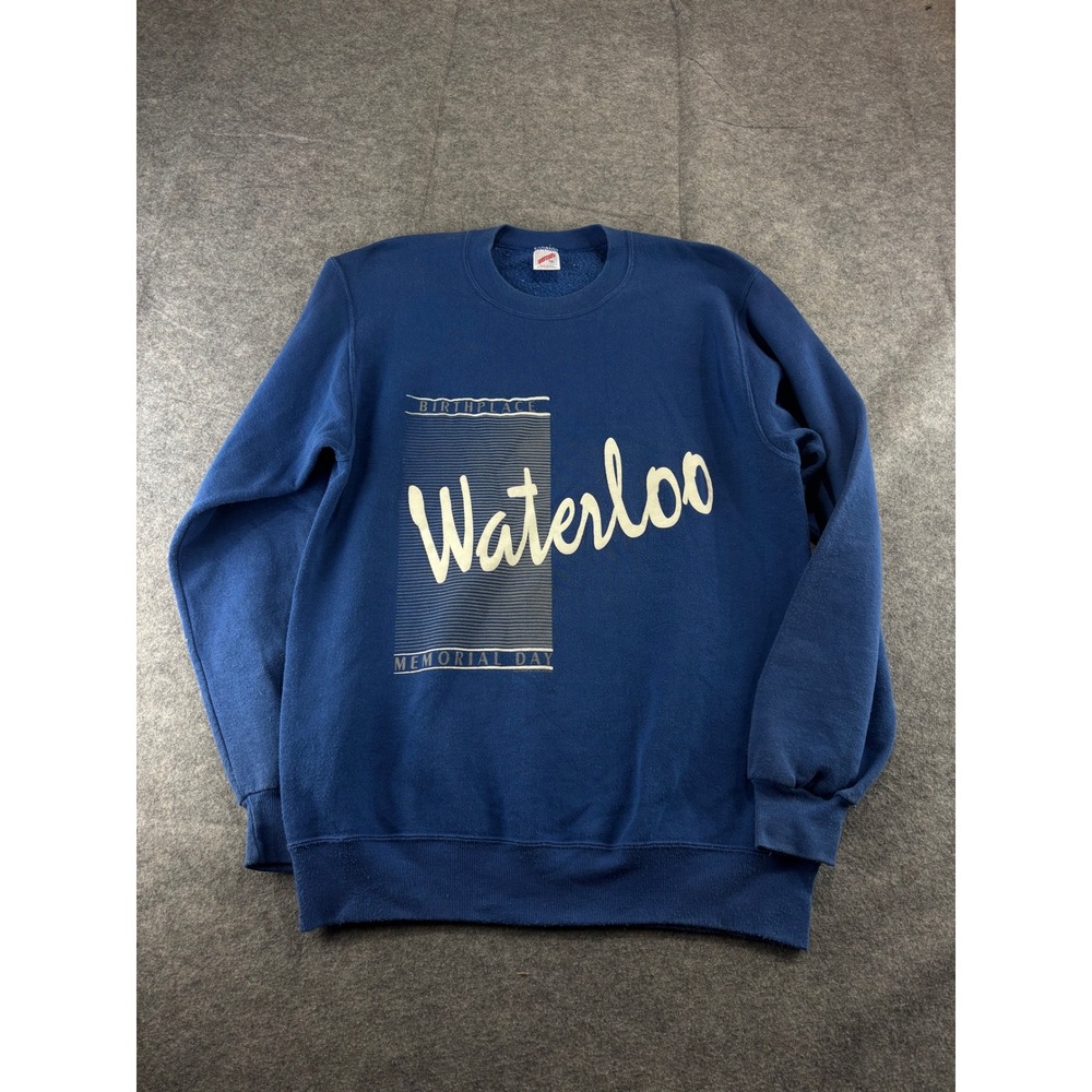 VTG Jerzees Waterloo Memorial Day Sweatshirt XL Blue Made in USA Crewneck Prep